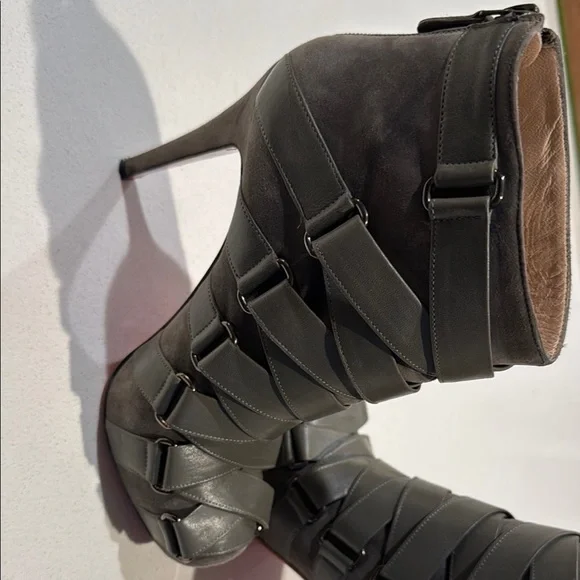 Christian Louboutin Gray Heeled Boots with Strappy Design